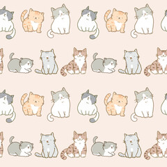 Seamless Pattern with Cartoon Cat Characters on Light Orange Background