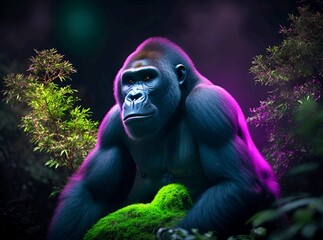 Colorful and glowing colors gorilla in the night background