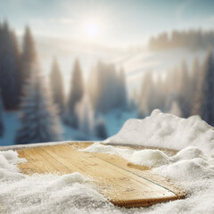 Desk of free space cover of snow and frost with winter landscape. 