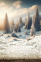 Desk of free space cover of snow and frost with winter landscape. 