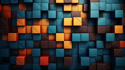 Abstract background of cubes in turquoise, brown and orange tones.