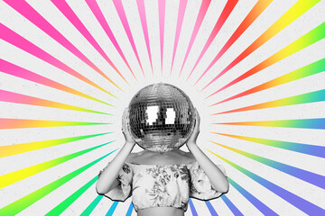 Horizontal creative photo collage of headless girl with disco ball instead concept of party...