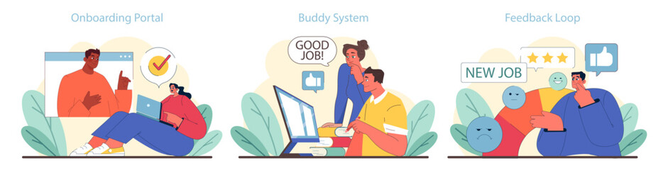 Fototapeta premium Onboarding set. Warm welcome to new staff with guiding hands and hearts. Completing the team puzzle. Flat vector illustration.