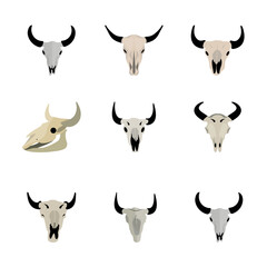 Bison Skull Vector Illustration Set With Isolated Clip Art White Background And Bison Skull Symbol, Head Bone Cow Bull, Art Silhouette, Sketch Drawing Element.
