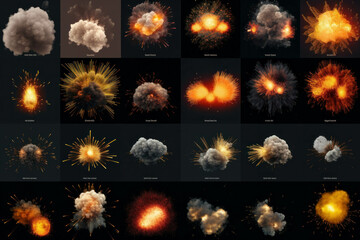 Impactful explosion elements isolated on black fire, smoke, burst, and flare for creative and powerful compositions. ai generative