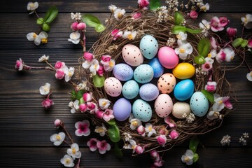 Fototapeta na wymiar Easter egg wreath on rustic wooden background, country charm