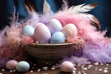Easter eggs and feathers, soft and delicate, artistic background