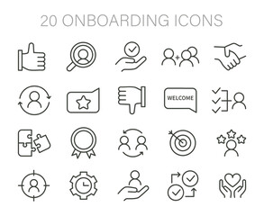 Onboarding icons set. Icons depicting key steps in welcoming and integrating new members. Guidance, support, evaluation, and success in a nurturing environment. Flat vector illustration.