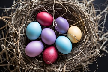 Fototapeta na wymiar Easter eggs in a nest, natural and rustic, great for a background