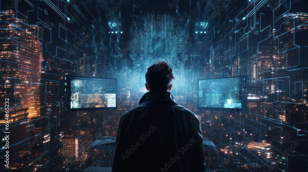 Poster depict a skilled cyberpunk hacker in a futuristic setting, surrounded by holographic interfaces, int