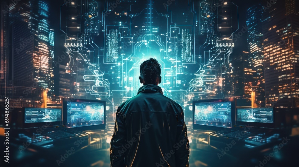 Poster depict a skilled cyberpunk hacker in a futuristic setting, surrounded by holographic interfaces, int