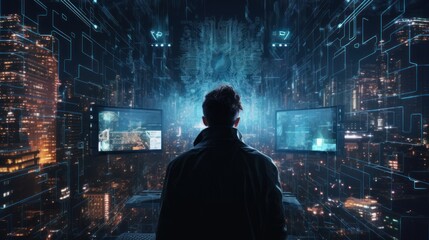 Depict a skilled cyberpunk hacker in a futuristic setting, surrounded by holographic interfaces,...