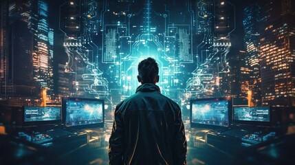 Depict a skilled cyberpunk hacker in a futuristic setting, surrounded by holographic interfaces, intricate code, and virtual reality elements - obrazy, fototapety, plakaty