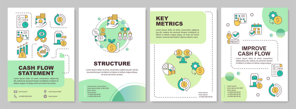 Creative gradient cash flow brochure template, leaflet design with thin linear icons, 4 vector layouts.