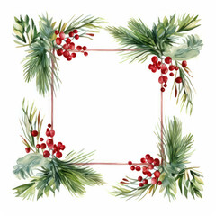 frame with green pine and fir twigs, adorned with red berries, creates a festive Christmas border on a white background. ai generative