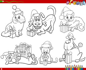 cartoon dogs and cats with Christmas gifts set coloring page