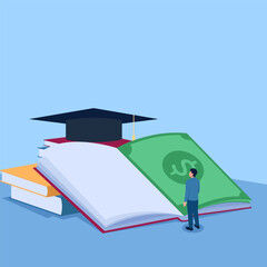 person standing in front of books, money and graduation cap, metaphor of educational scholarship. Simple flat conceptual illustration.