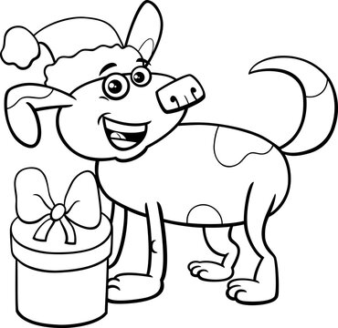 funny cartoon dog with Christmas gift coloring page
