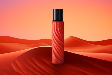 Bottle without label sunset desert background. Cosmetic product mockup