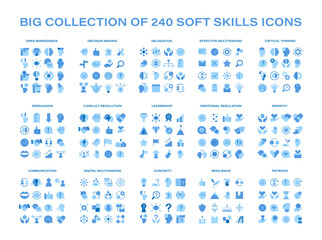 Soft Skills set. Enhance essential interpersonal abilities with icons of critical thinking, leadership, and more. Cultivate professional excellence and personal growth. Flat vector illustration. - obrazy, fototapety, plakaty