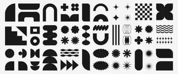 Fotobehang Abstract retro shapes, basic brutal forms and figures in Y2K aesthetics, vintage stickers, logos, labels. Decorative design elements, vector illustration. © Diana Berber