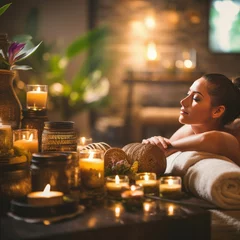 Poster Indulge in pure relaxation: A spa setup with candles and accessories in focus, complemented by a blurred background  ai generative © tope007