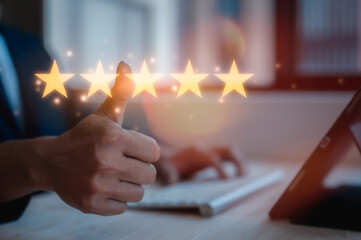 feedback and Customer service satisfaction survey concept.Businessman, customers show satisfaction...