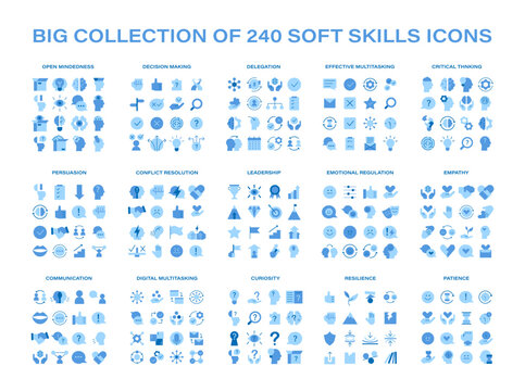 Soft Skills set. Enhance essential interpersonal abilities with icons of critical thinking, leadership, and more. Cultivate professional excellence and personal growth. Flat vector illustration.