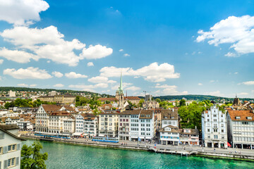 Cityscape of downtown Zurich in Switzerland on sunny day in summer