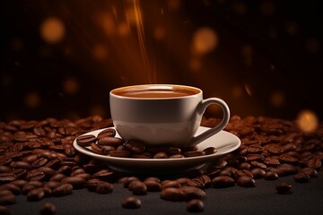 Coffee cup with beans on dark brown background.