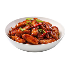 Stir fried chicken with chili sauce on transparent background. 