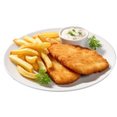 Wiener schnitzel with potato chips on a white plate isolated on transparent background.  Design for restaurants, online food delivery services, shops, etc.