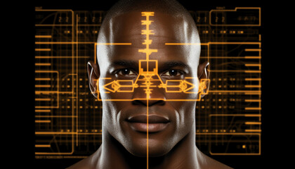 Man with cybernetic HUD elements projected on his face against a digital background.
