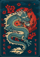Obraz premium Japanese dragon vintage poster colorful