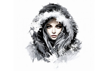 Woman In A Furtrimmed Hooded Coat Is Freezing Icicles Snow On White Background