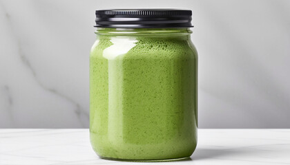 Fresh green smoothie in a glass jar with a white lid against a gray backdrop.