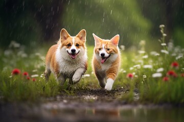 furry friends red cat and corgi dog walking in a summer meadow under the drops of warm rain 