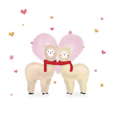 アルパカのカップルの水彩風イラスト