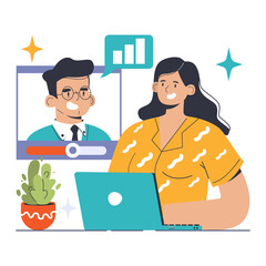 Webinars concept. Eager participant joins an informative session led by a digital expert, fostering online learning. Engaging virtual discussion. Flat vector illustration
