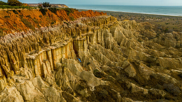 Aerial of the sandstone erosion landscape of Miradouro da Lua (Viewpoint of the Moon), south of Luanda, Angola