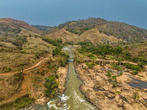 Aerial of Cuvo River (Rio Keve), near confluence with Toeota River, Six Arches Bridge, Conda, Kumbira Forest Reserve, Kwanza Sul, Angola