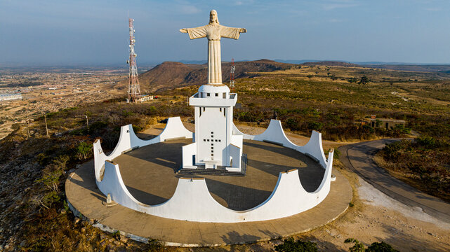 Aerial of the Christ the King Statue, overlooking Lubango, Angola