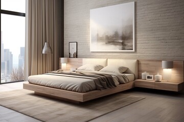 Interior of modern bedroom with cozy double bed