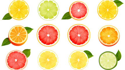 Isolated citrus fruits collection. Wedges of orange, pink grapefruit, lemon and lime with mint leaves on white background with clipping path

