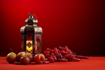 Lantern, dates fruit and rosary on red background. Islamic holidays concept.