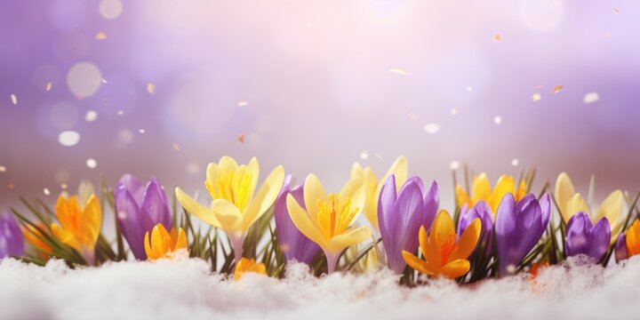 A group of purple and yellow flowers in the snow, header, footer, panoramic banner image.