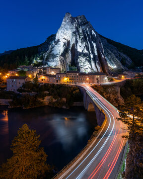 Rocher de la Baume, Sisteron Rock at blue hour, Sisteron, Alpes-de-Haute-Provence, Provence-Alpes-Cote d'Azur, Provence