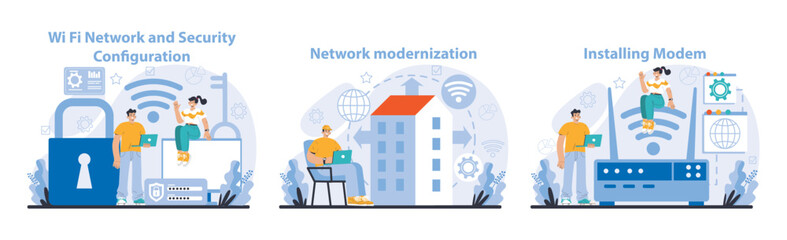 Wi-Fi network set. Specialist setting up, developing and maintaining wireless fidelity equipment. Secure connection configuration. Flat vector illustration