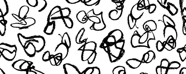 Wavy and swirled brush strokes vector seamless pattern. Bold lines organic ornament. Hand drawn black brushstrokes, rough smears with scribbles. Biological grunge squiggles. Ink wrapping paper.