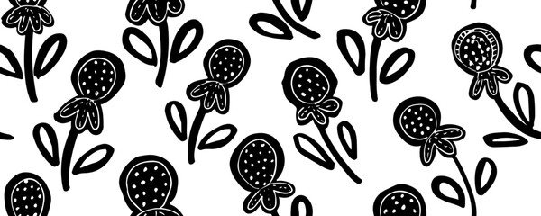 Abstract hand drawn flowers, berries and leaves scribbling brush strokes. Seamless vector pattern isolated background - obrazy, fototapety, plakaty